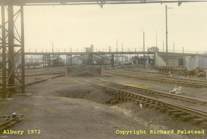 The view looking north towards the Up Yard. Albury Station Box is just out of sight on the left, whilst the turntable is behind the ganger's shed on the right.