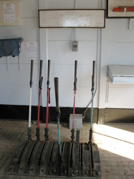 The small lever frame inside the staff hut.