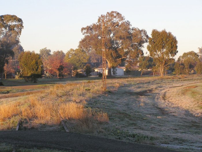 Looking west from Jerilderie St with the line on a small embankment and a very rusted lattice signal post.