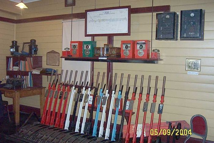 
The Signal levers where found in the long grass beside the railway station
and have been remounted and restored by the local museum that now occupies
the old timber station.
