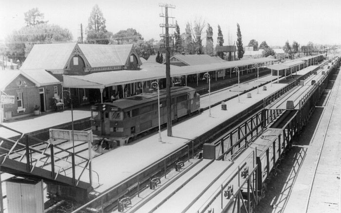 
A 44 class, with No 2 end leading, pulls a container train through the
down platform.
