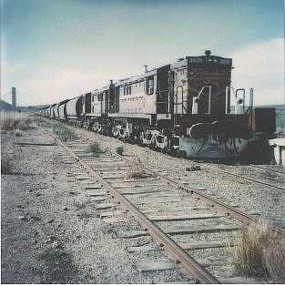 
Locos 4875 and 4855 pass the station platform with wheat bound for Moree.
