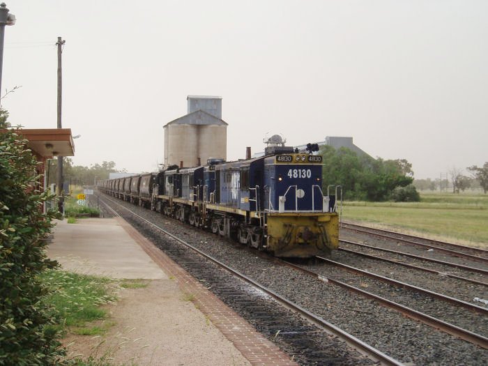 Curlewis yard looking in the down direction from the platform. The tracks are (from left to right) the Main Line, Loop, Back Road, and Silo siding.