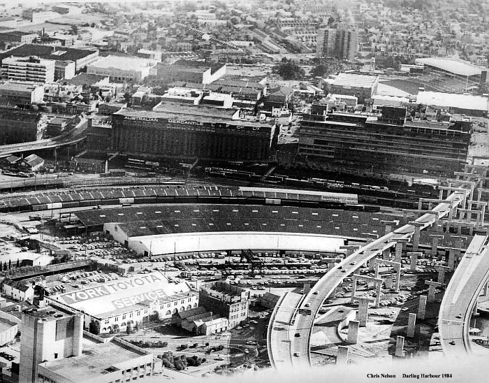 
An aerial view looking down over Darling Harbour goods yard, taken from
Sydney Tower.
