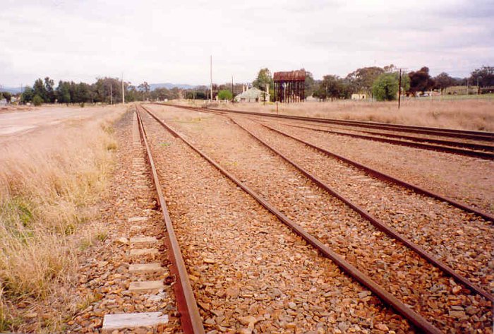 The view looking through the yard towards the station remains and the water tank.