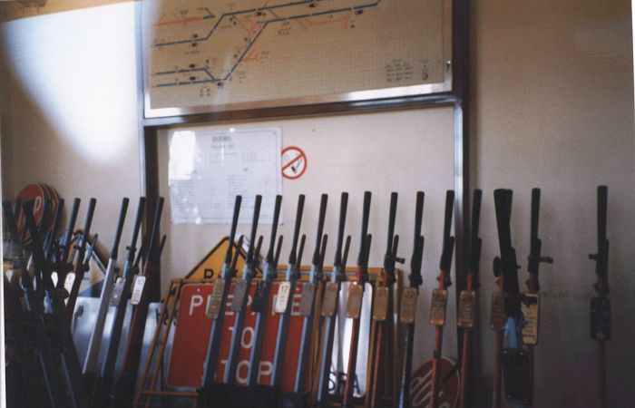 
The lever frame and signal diagram inside Dubbo West box.
