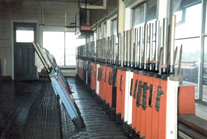 
Interior of Goulburn Station box showing the lever frame. What was slightly
unusual was the levers in the standard position stood straight up rather
than the usual "lean".
