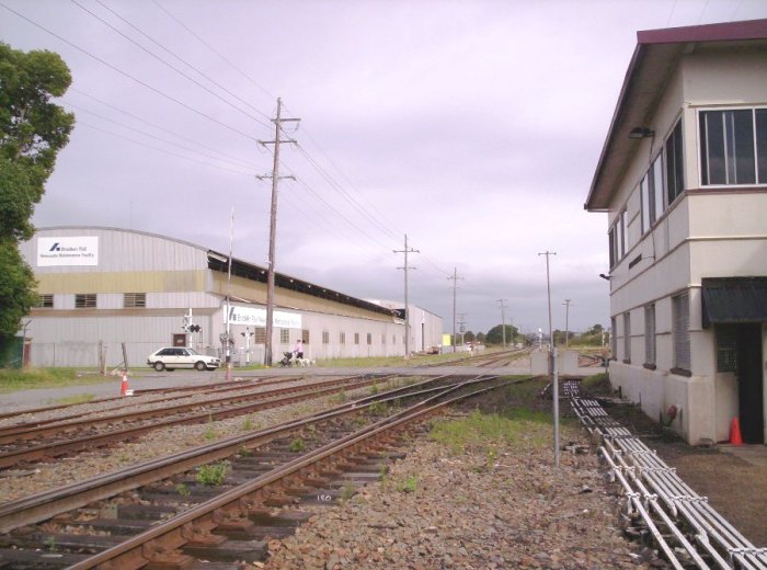 The view looking west past the box.  The Goninan's Works siding in on the far left.