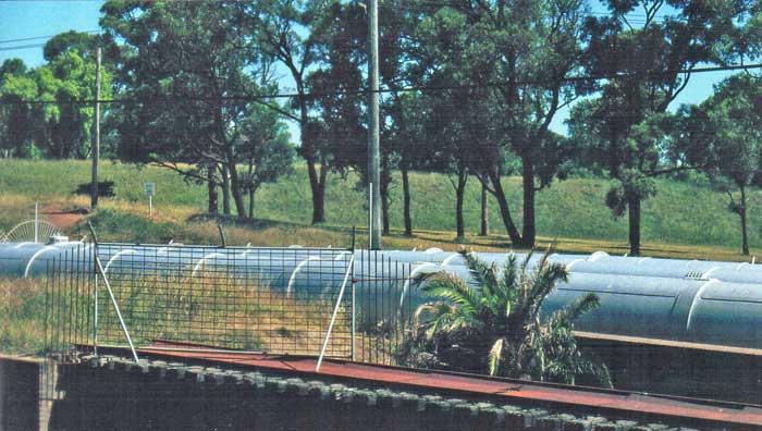 The single track railway bridge where the branch crossed the Chullora Goods line. The bridge was removed during track work sometime in the late 1980's.