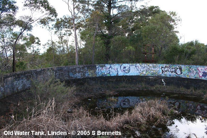 Another view of the tank found between the rail line and the highway at Linden. This photo is taken looking north east towards the station. The metal framework seen in the photo has an old pulley attached which faces in the direction of the cutting between Linden Station and the highway. This cutting was used to access the single line platform from the south side until the line was duplicated in 1902, when a new island was constructed. A footbridge was provided from the end of the cutting over the line to the platforms.