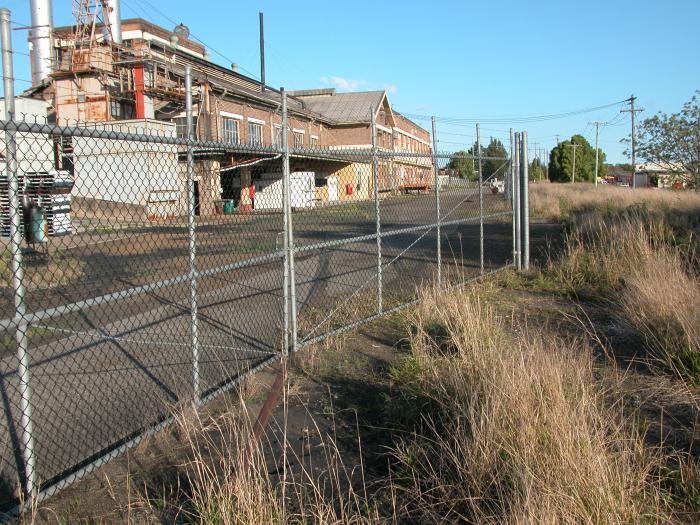 A siding from the branch line enters the Allowrie Butter Factory about 1/2 km down the branch line. To the right of the fence hidden in the long grass is the branch line and a wagon storage siding.