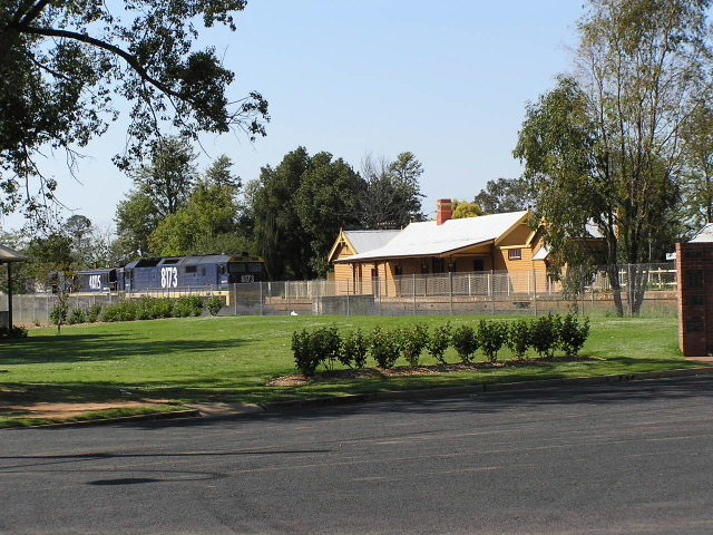 8173 waiting at Narromine Station. Av view from junction of Mitchell Hwy & Dandaloo St.