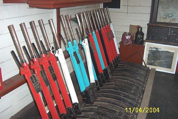 
The lever frame inside the preserved
signal box now at Albion Park.
