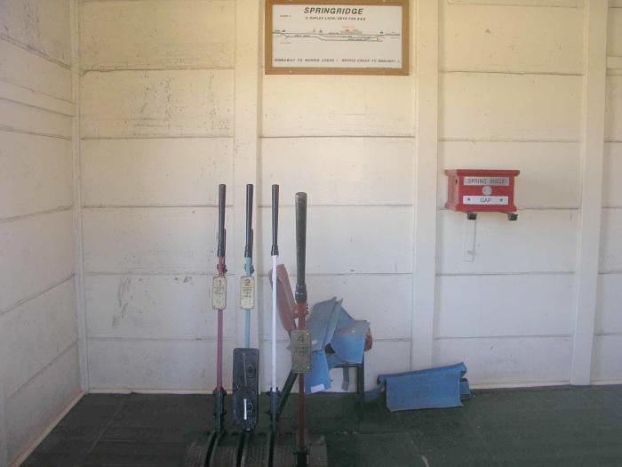 
The spartan interior of the signal box showing the diagram, levers and
staff and ticket box.
