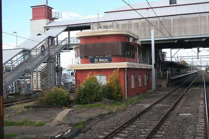 The view looking east of St Marys signal box, at the western end of the station.