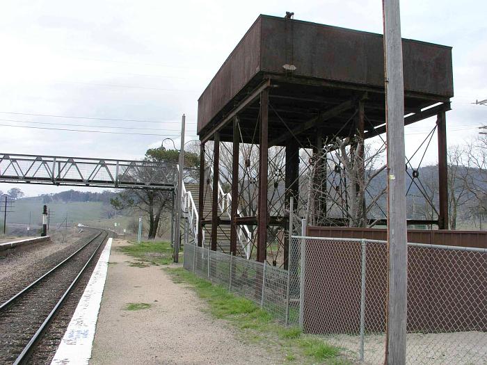 
The view fom platform level of the large elevated water tank and
pedestrian footbridge.
