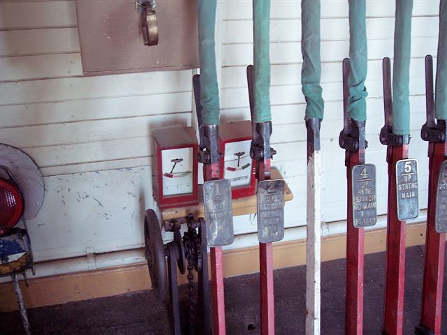 
A close-up of the safeworking instruments behind the lever frame.
