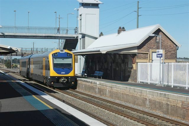 The view looking east with new Hunter railcars on platform 2 on the down.