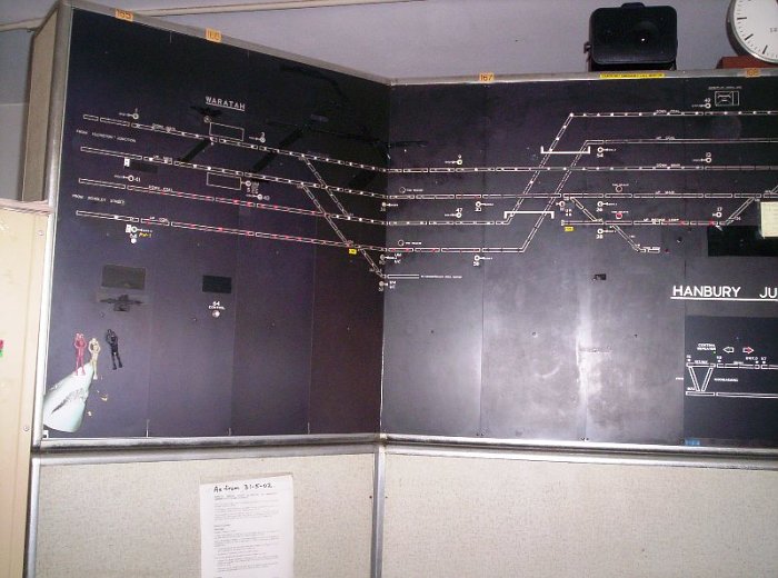 A closer view of the signal diagram in Hanbury Junction signal box.