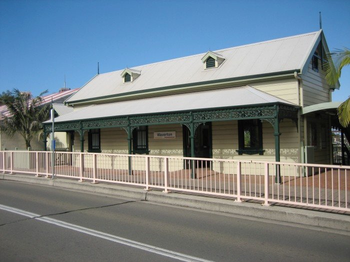 Waverton station building on the Bay Road overbridge. The platforms and tracks are directly below.