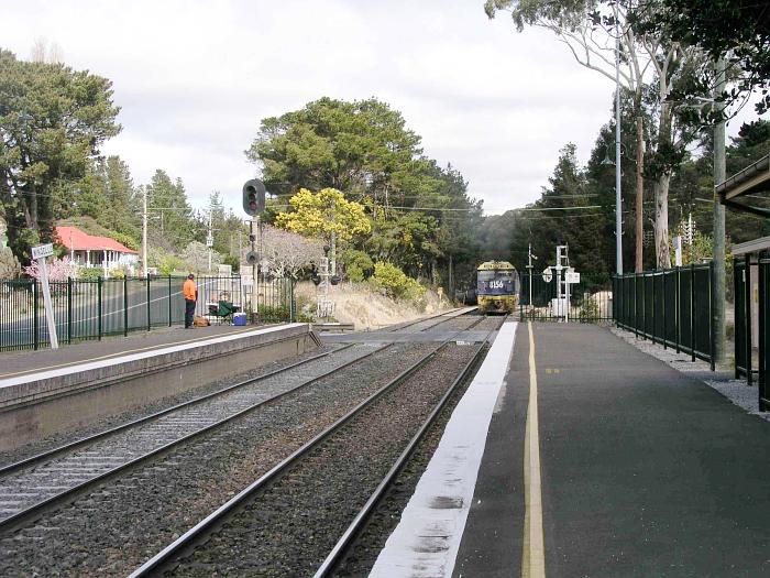 
The view from the down end of the station as 8156 leads a freight train
heading north.
